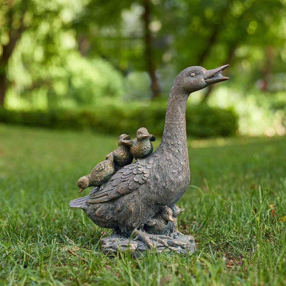 15" Aged Bronze Duck Family Garden Statue
