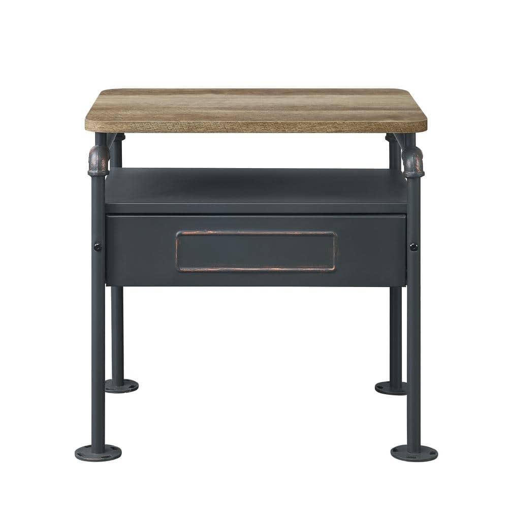 Industrial Pipe Detailed Nightstand With One Drawer And One Shelf, Antique Oak and Sandy Grey- Saltoro Sherpi
