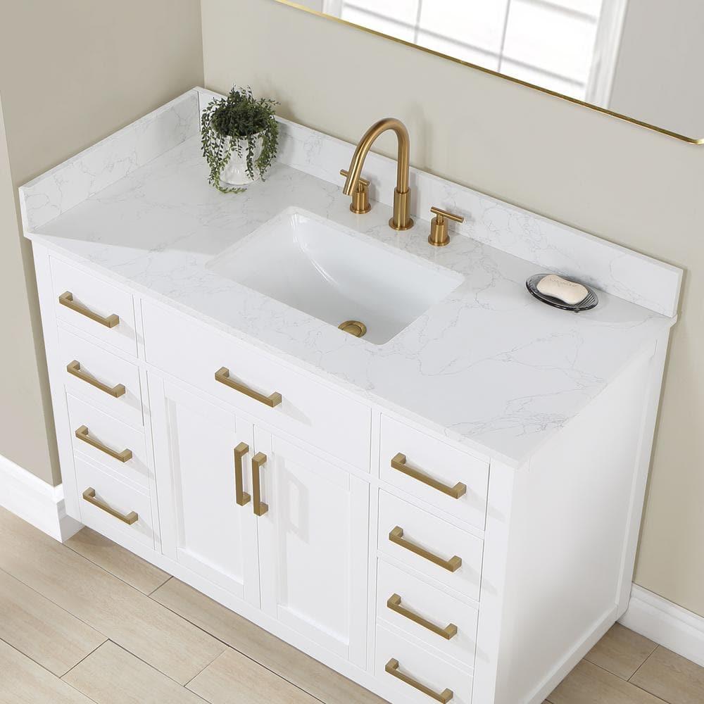 Gavino 48" Wood Vanity in White with Grain White Composite Stone Top and Mirror