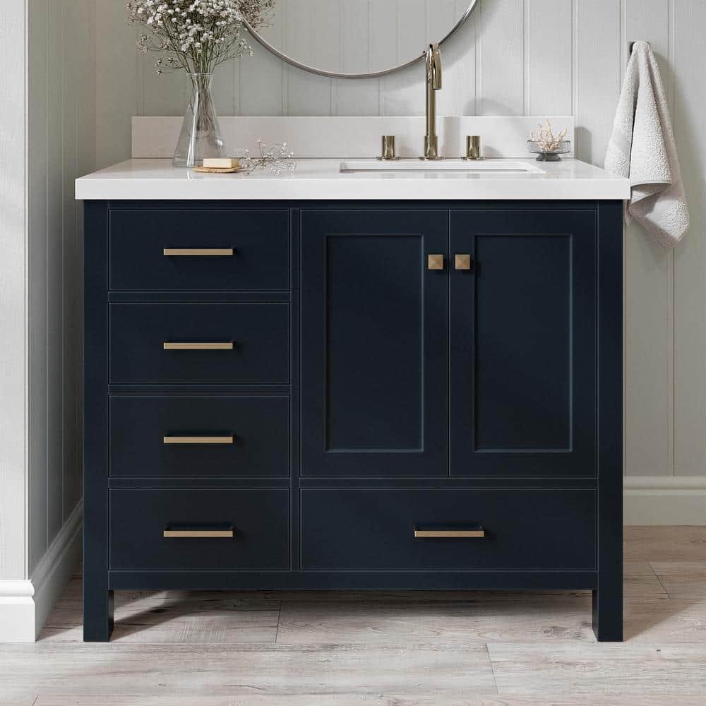 ARIEL Cambridge 43 Inch Midnight Blue Bathroom Vanity with Single Sink, Solid Wood, White Quartz Countertop, 1.5-Inch Edge, Right Rectangular Undermount Sink, 2 Soft Closing Doors, 5 Drawers