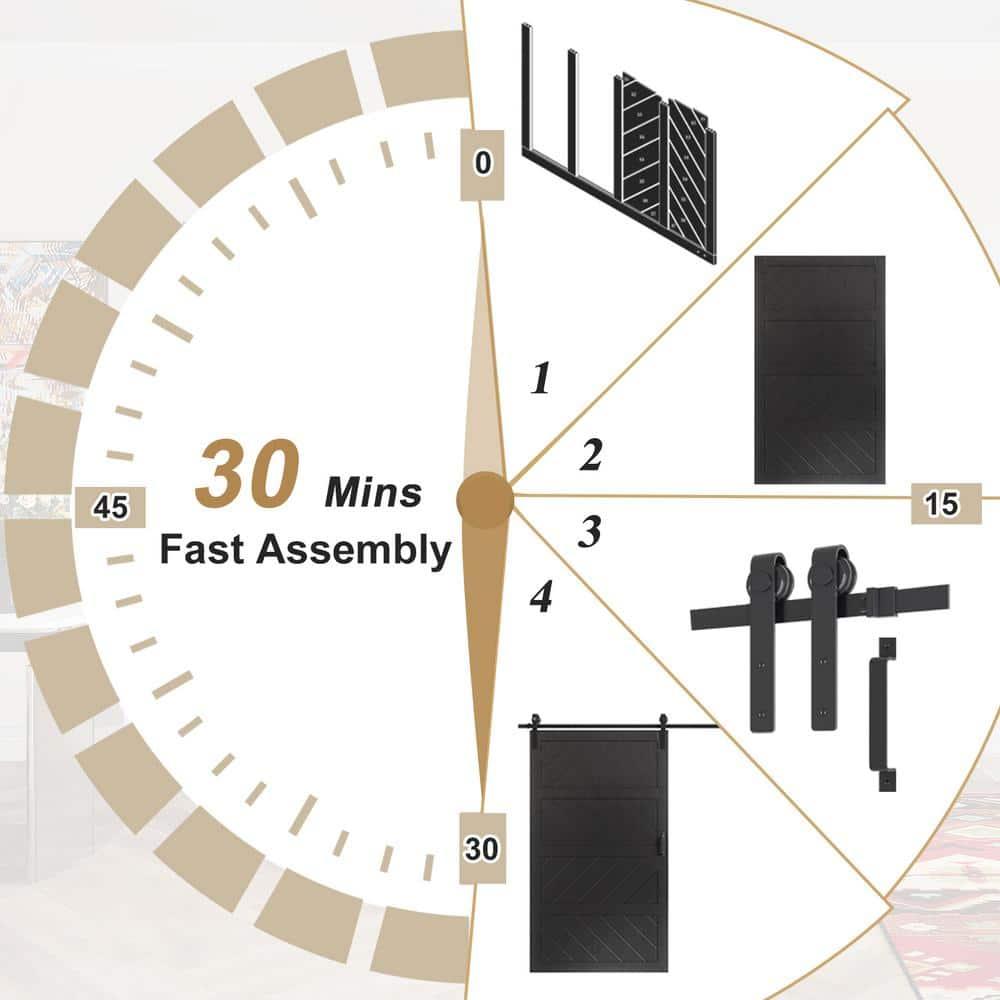 Sliding Barn Door 48”x84”, Black Barn Door with Modern Paneled Wave Design, Complete Barn Door Set, Waterproof PVC Surface, Assembly Required for Bedroom, Living Room, Closet, or Bathroom