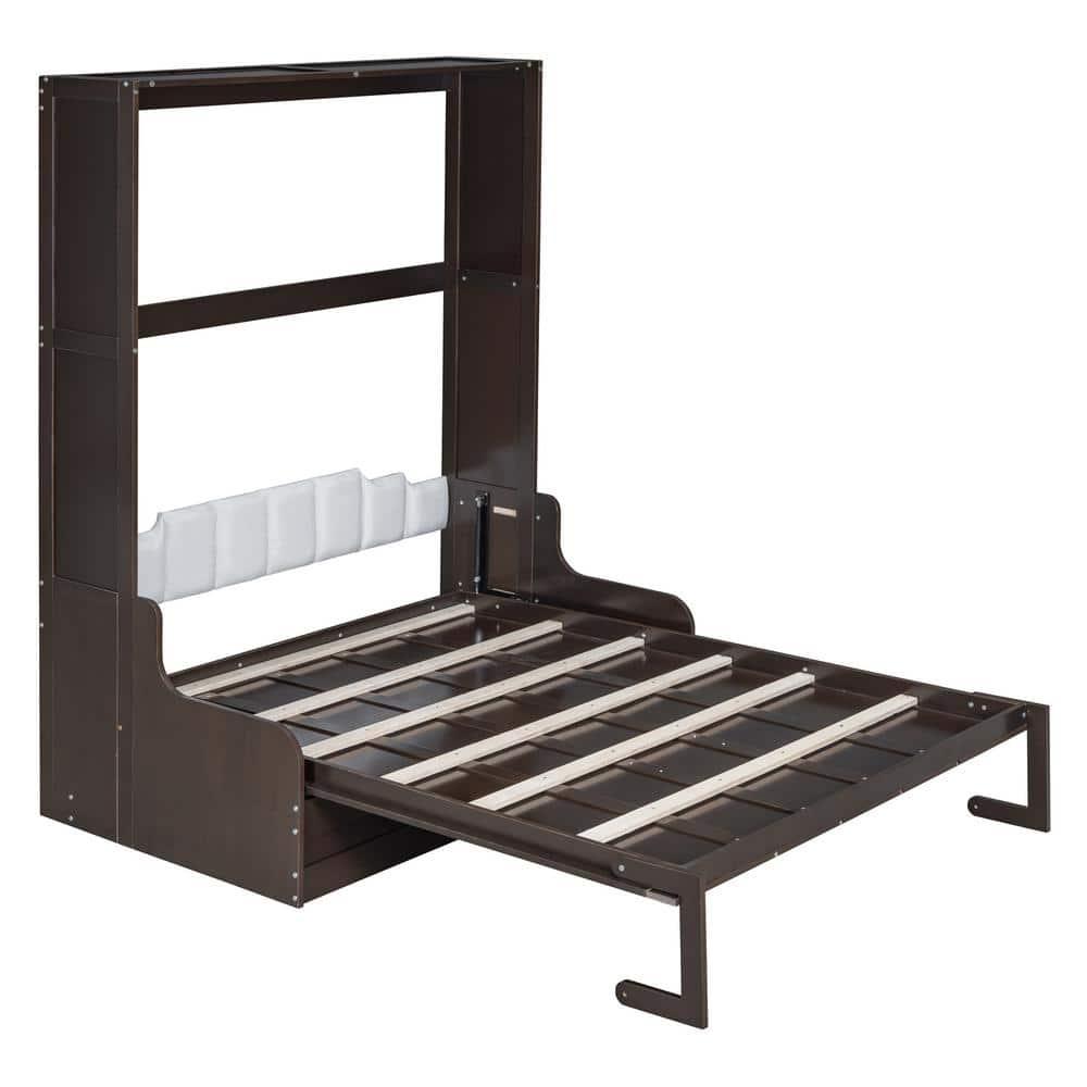 Harper & Bright Designs Queen Size Murphy Bed Chest with Upholstered Headboard, Espresso Wood Wall Bed Cabinet with Cushion Seat, Foldable for Guest Room Home Office