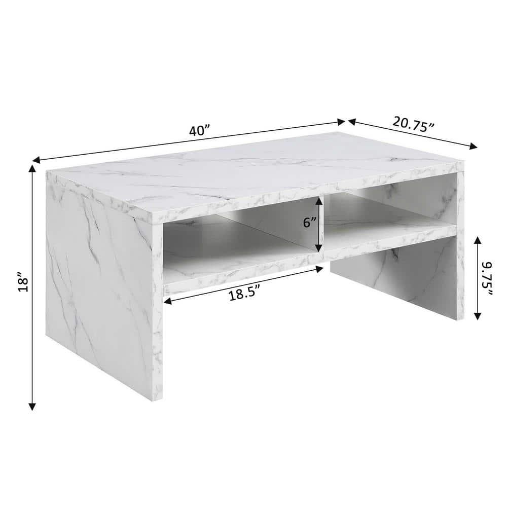 Modern Rectangular Wood & White Marble Coffee Table with Shelves