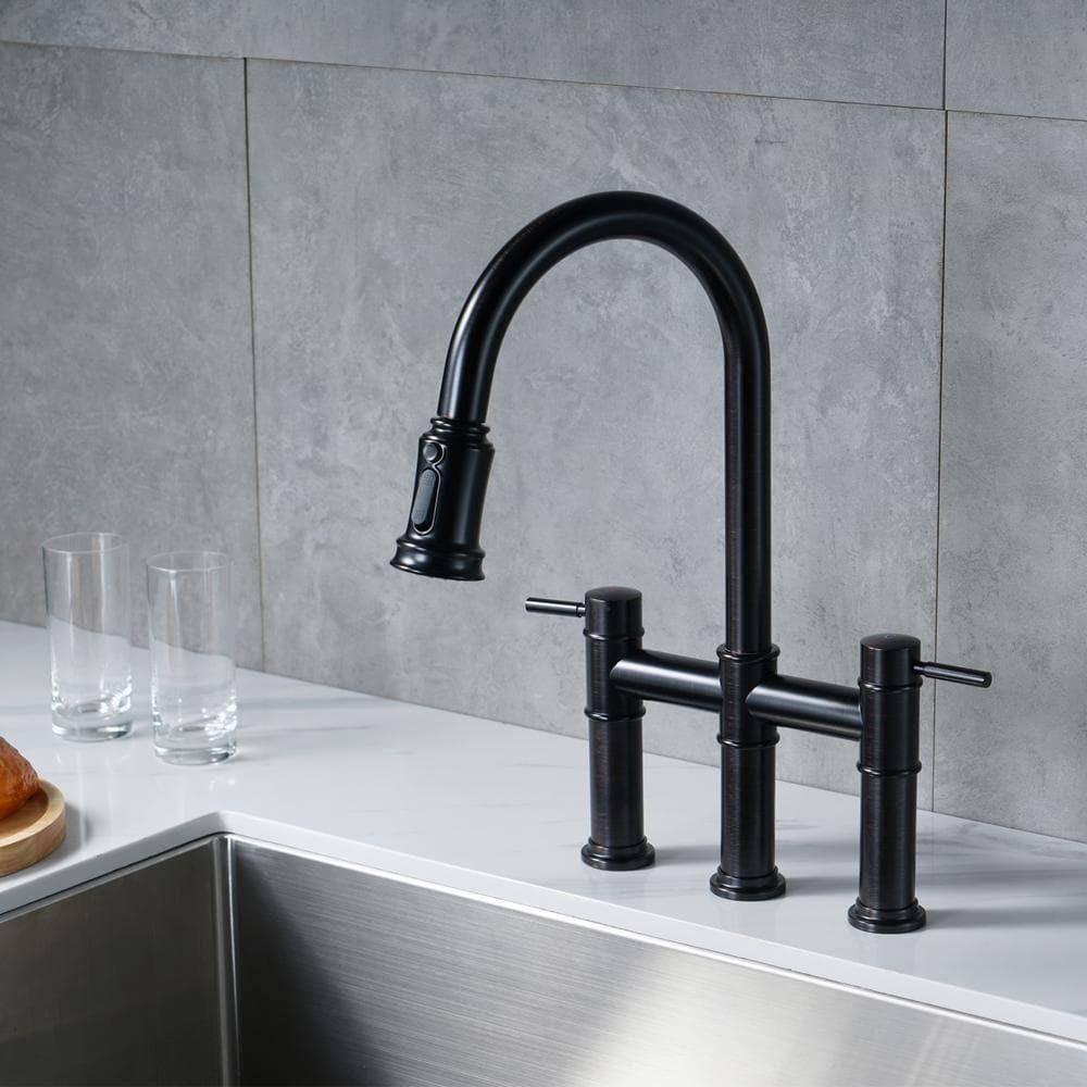 Double Handle Bridge Kitchen Faucet with Pull Down Sprayer in Oil Rubbed Bronze