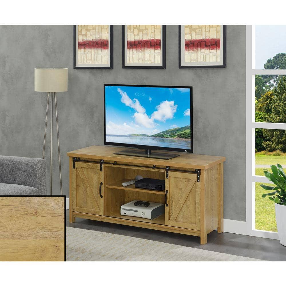 Convenience Concepts Blake Barn Door TV Stand with Shelves and Sliding Cabinets for TVs up to 60 Inches, English Oak