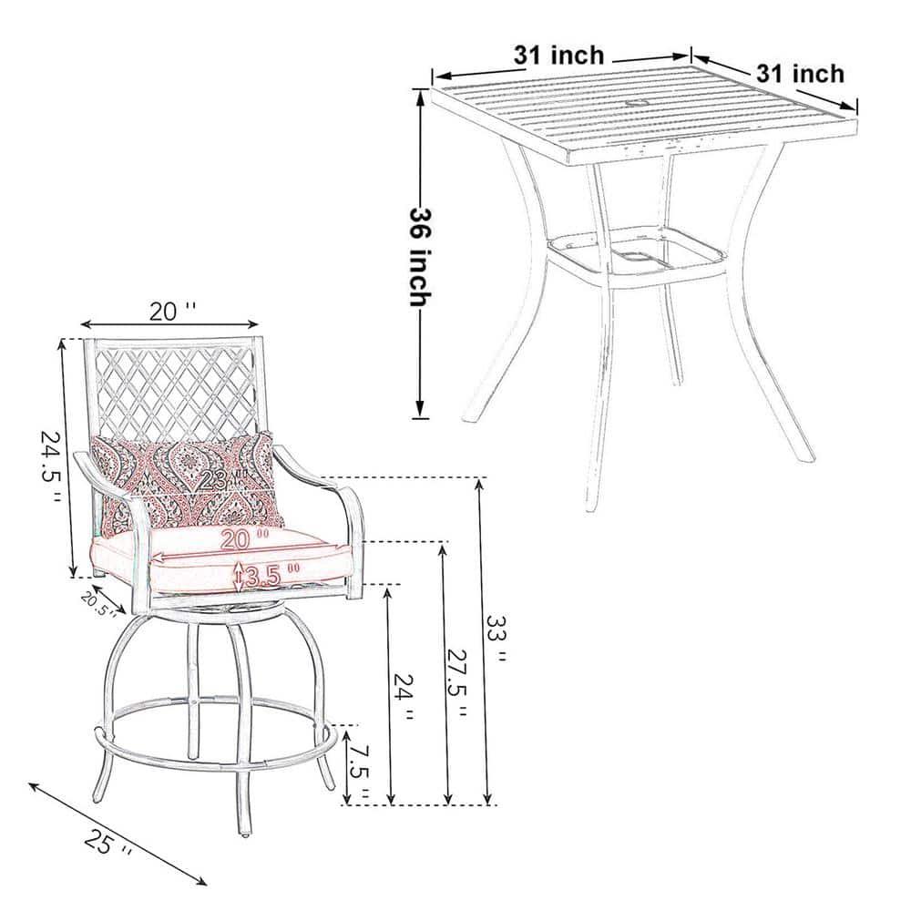 Sophia & William 3 Piece Outdoor Patio Swivel Bar Stools Set & Height Table Backyard Furniture Bistro Set, Red