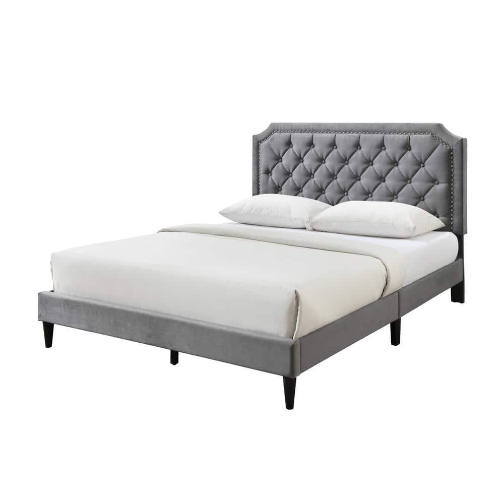 Urban Home Furniture Ava Plush Velvet Tufted Buttoned Upholstered Headboard Clipped Edge Nailhead Decorated Platform Bed Frame with Wood Slats Support Legs Queen - Charcoal Grey