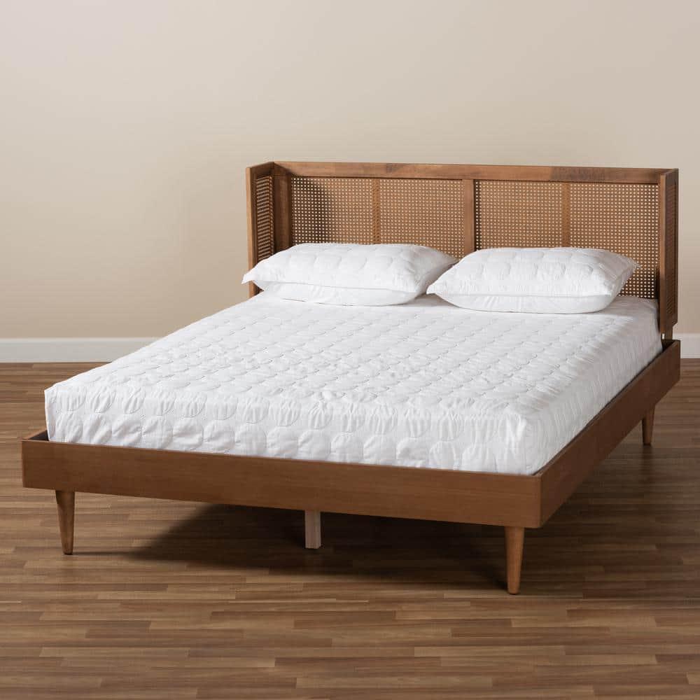 Queen Rina Wood Platform Bed with Headboard Ash Walnut - Baxton Studio: Mid-Century Modern Design, Synthetic Rattan Panel