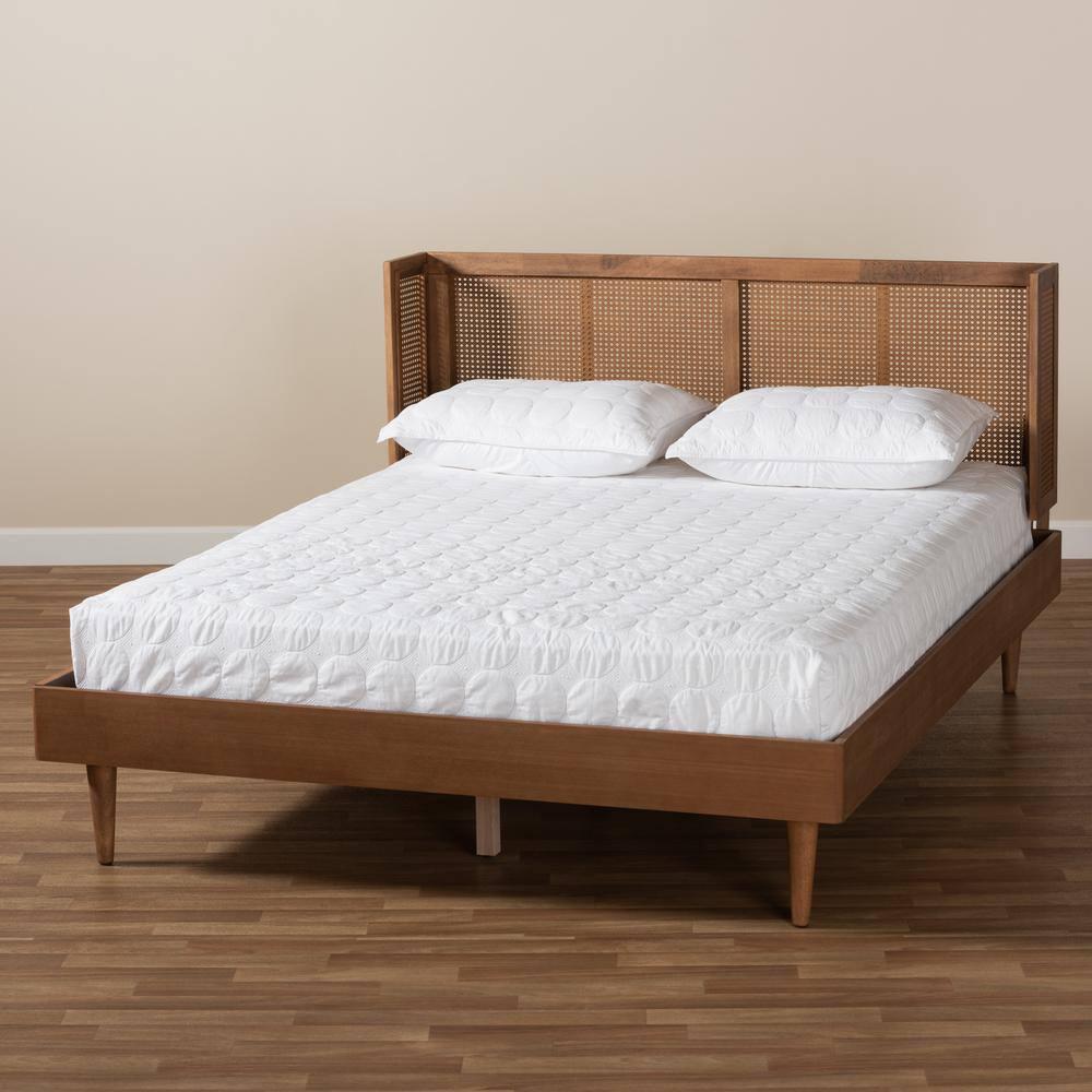 King Rina Wood Platform Bed with Synthetic Rattan Headboard - Baxton Studio