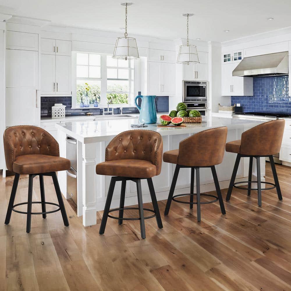 Dycanpo 26" Tall Counter Height Bar Stools Set of 4 with Back Faux Leather for Home Kitchen, Brown