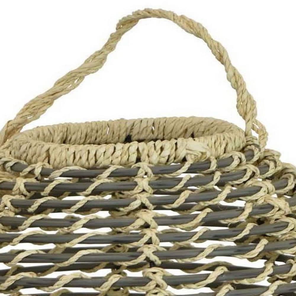 Hani 17 Inch Tabletop Decor Lantern, Beige Woven Fiber, Oval Shape, Gray