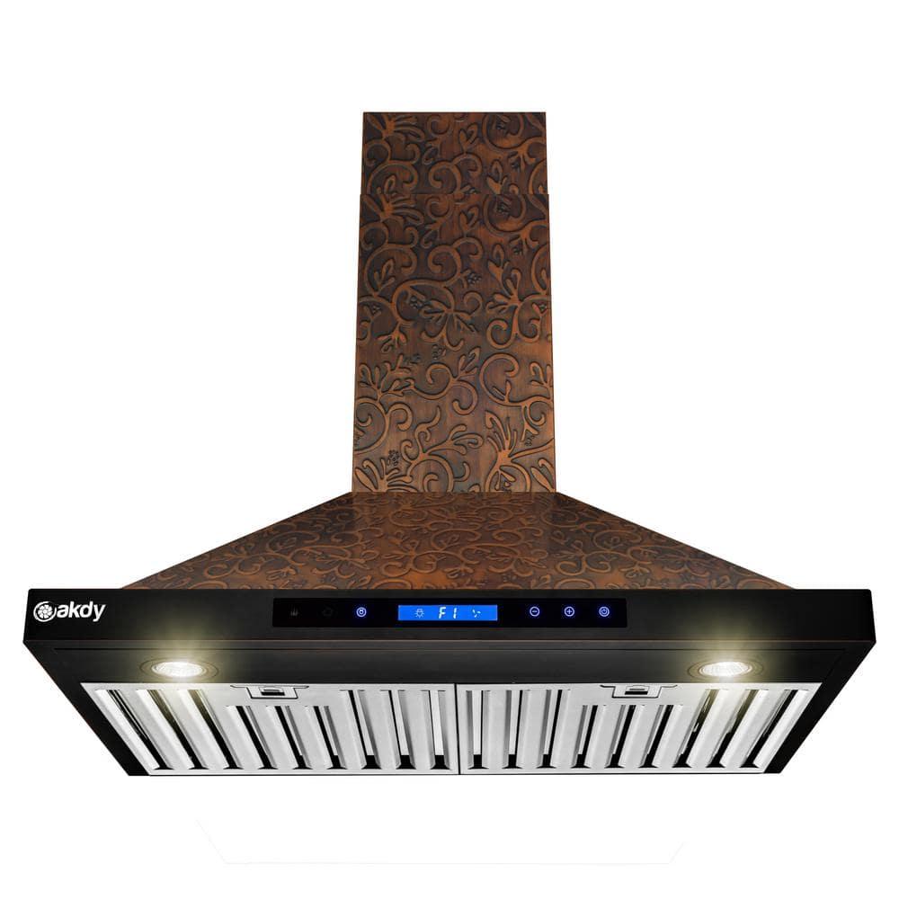 30-Inch Convertible Wall Mount Range Hood with Embossed Copper Vine Design, 343 CFM, 4 Fan Speeds, Touch Panel Controls, LED Lighting and Remote Control