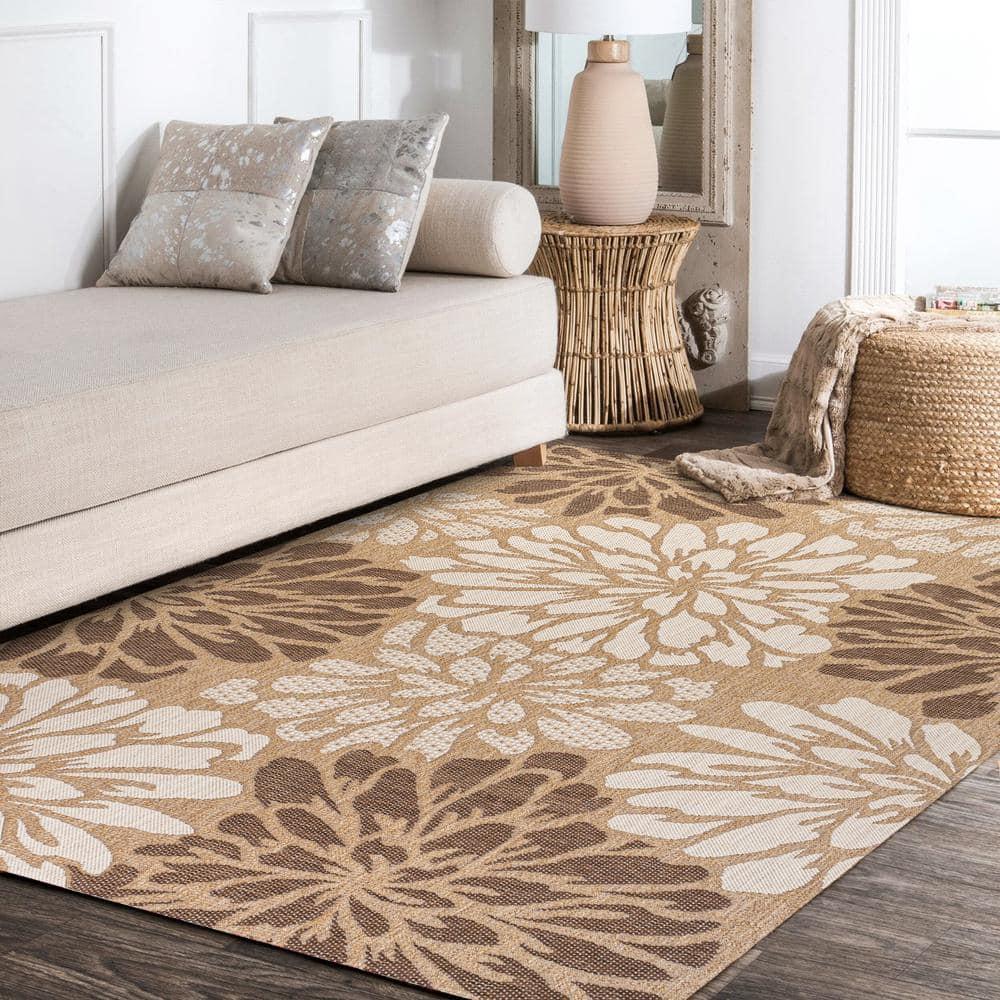 3' x 5' Zinnia Modern Floral Textured Weave Indoor/Outdoor Area Rug, Brown/Cream - JONATHAN Y