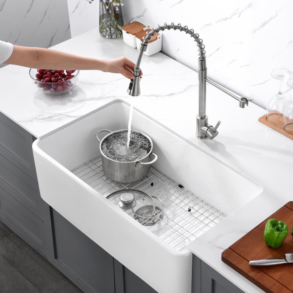 30 in. Rectangular Farmhouse Apron Single Bowl White Ceramic Kitchen Sink with Grid and Strainer