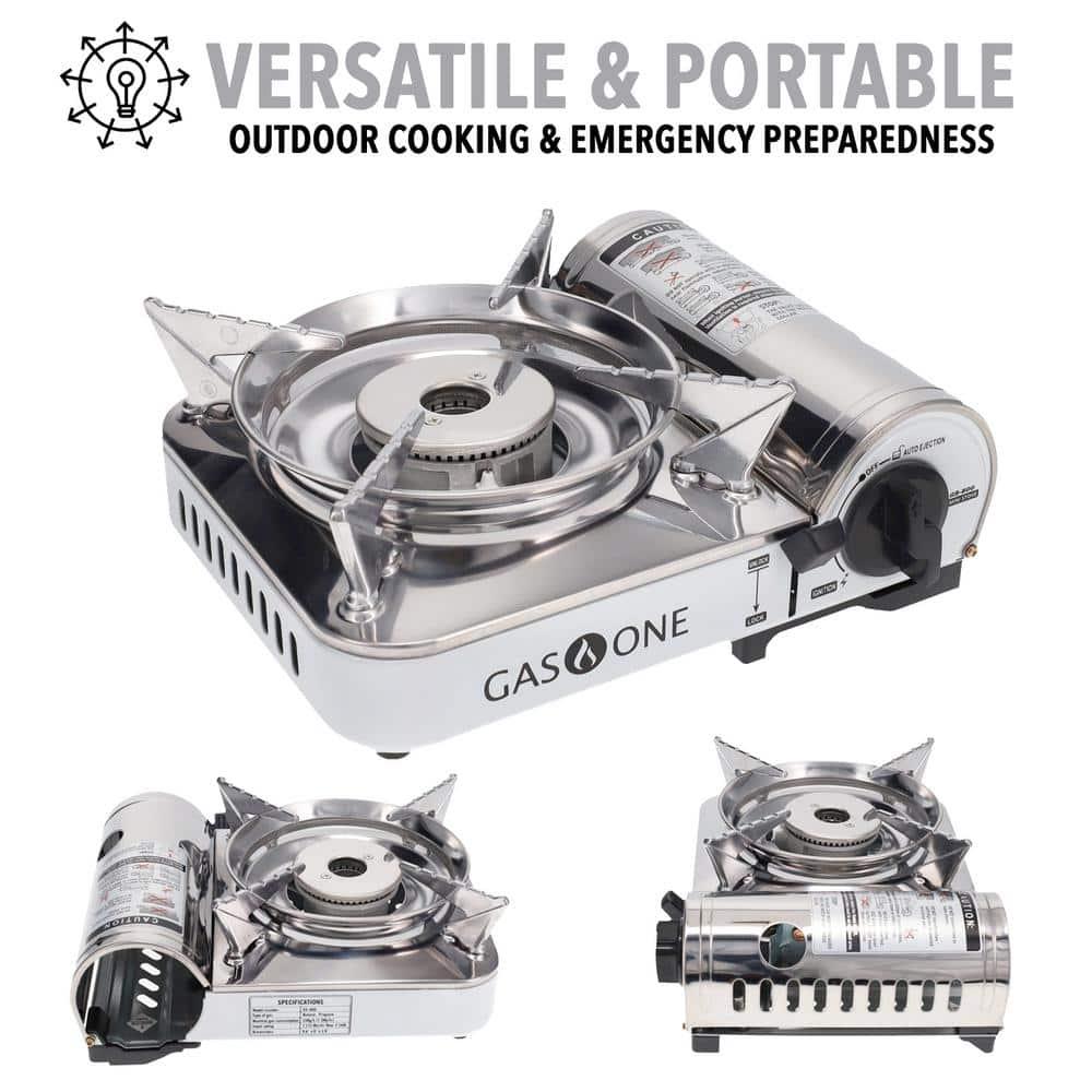 GasOne Emergency Gear Camping Mini Butane Portable Gas Stove with Carrying Case, Stainless Steel, White, GS-800