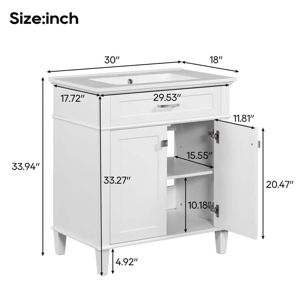 Tryimagine 30-Inch Bathroom Vanity With Ceramic Basin,  Soft Close Door And Adjustable Shelves