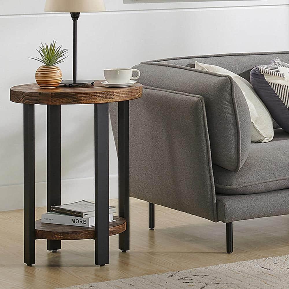 17 Stories Alaterre Pomona Round End Table With Solid Wood Top, Metal Legs, And Dual Shelves For Rustic Living Room Furniture