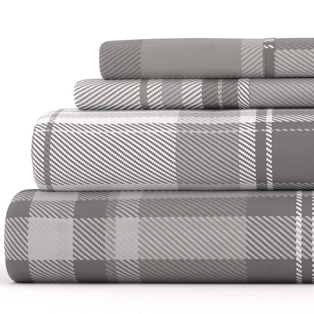 Light Grey Plaid 4 Piece 100% Cotton Flannel Deep Pocket Sheet Set, Queen, by Noble Linens