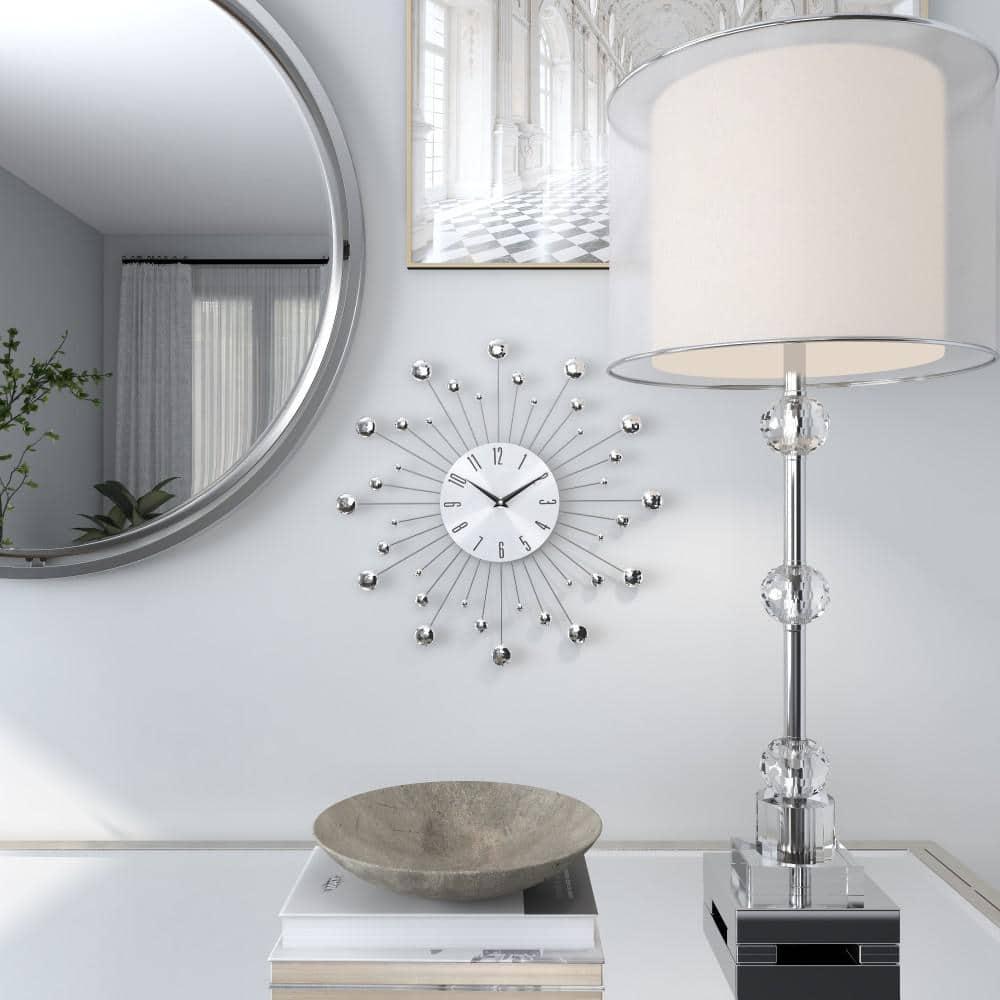 DecMode 15" Silver Metal Starburst Wall Clock with Crystal Accents