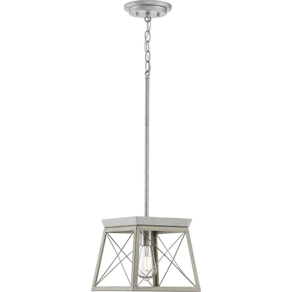 Progress Lighting Briarwood 1-Light Mini-Pendant, Steel, Galvanized, Faux-Painted Wood Enclosure, Canopy Included