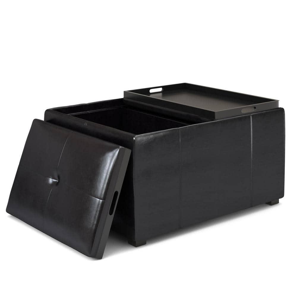 Simpli Home Avalon 34in.W Coffee Table Storage Ottoman in Midnight Black Faux Air Leather