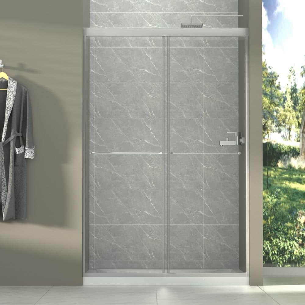 44-48 in.W x 72 in.H Semi-Frameless Sliding Shower Door In Brushed Nickel Finish, 1/4 in.(6mm) Clear Tempered Glass.