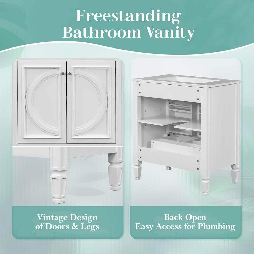 Christopher Knight Home Alison 30" Modern Rubberwood Bathroom Vanity with Ceramic Sink, Shelves and Drawer, White