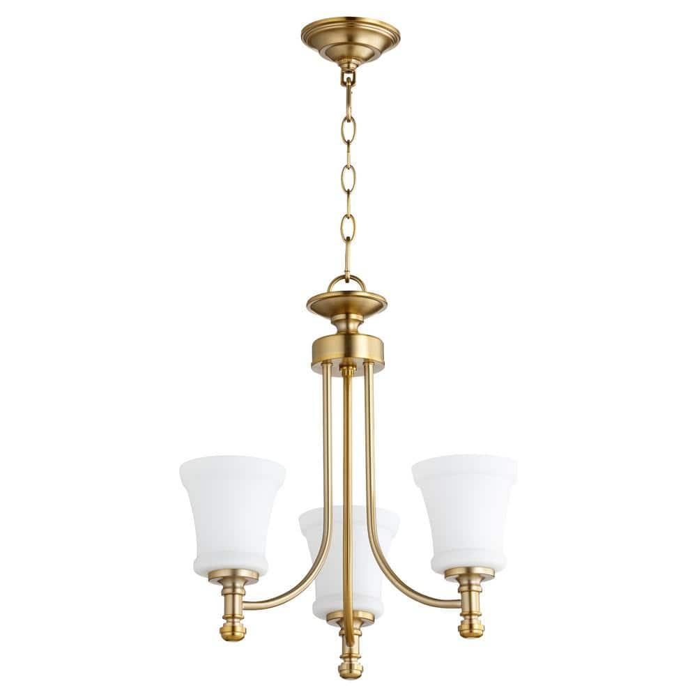 Quorum Lighting Rossington 3-Light Chandelier, Aged Brass, 18 Width, 19 Height, Chain Hanging, Dry Rated