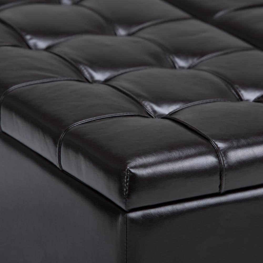 Simpli Home Harrison 36"W Upholstered Square Coffee Table Storage Ottoman with Split Lift Top