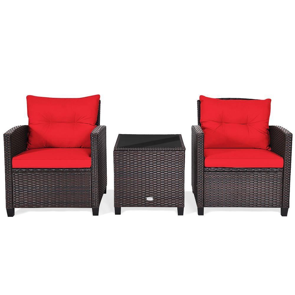 Tangkula 3PCS Wicker Cushioned Conversation Set Outdoor Rattan Furniture w/Red Cushions