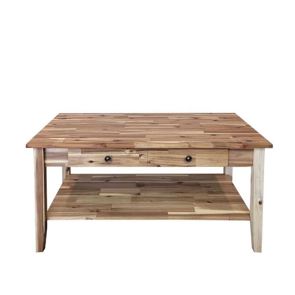 Solid Acacia Coffee Table with Drawer & Bottom Shelf Natural