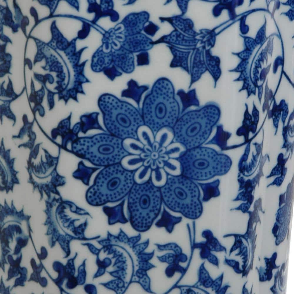 Oriental Furniture 12" Floral Blue & White Porcelain Vase, living room