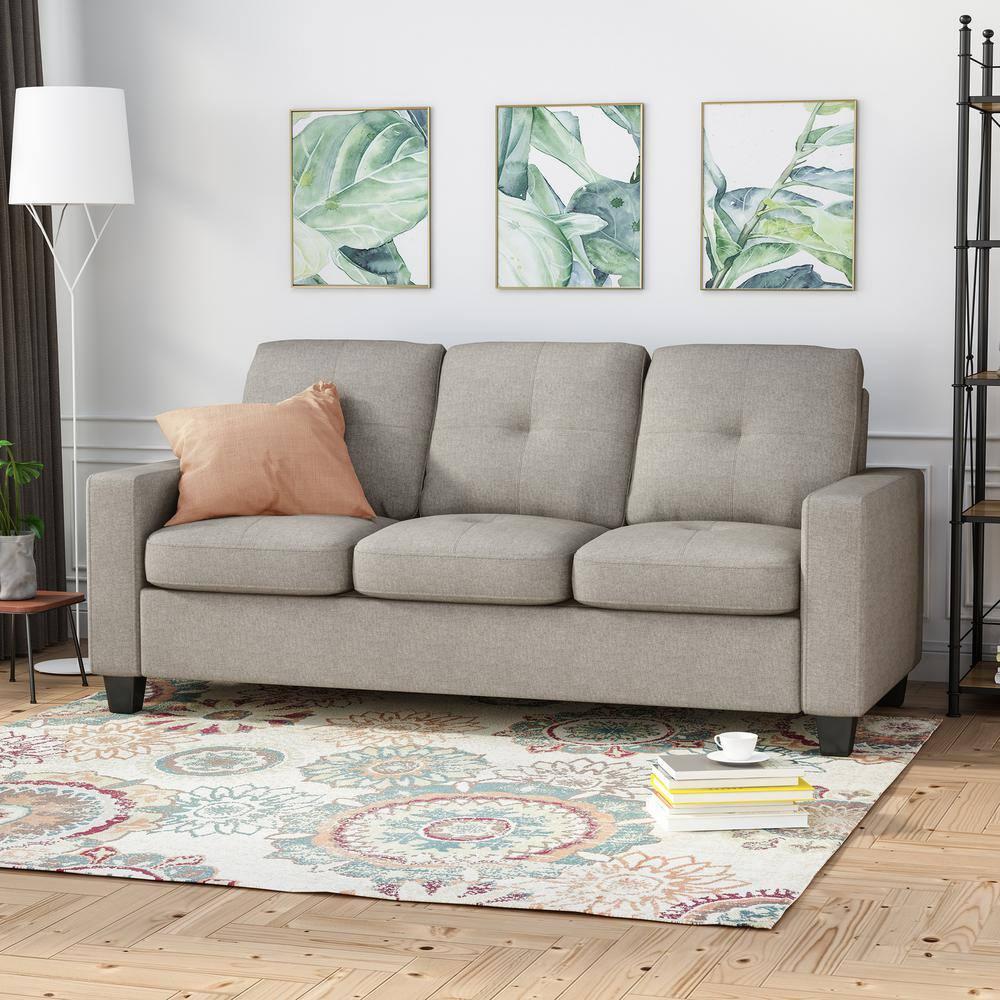 Noble House Laranne 3 Seater Tufted Fabric Sofa, Beige, Dark Brown