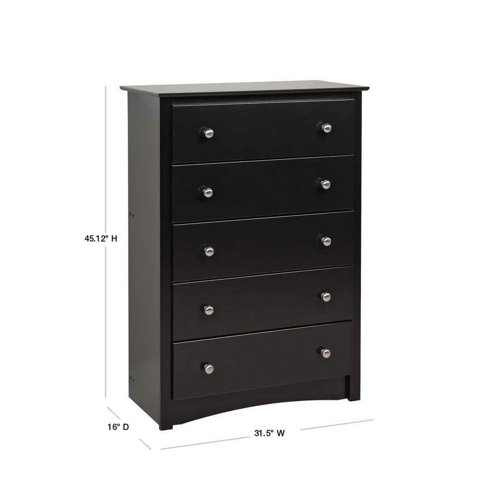 Prepac Sonoma Superior 5-Drawer Chest for Bedroom - Spacious and Stylish Chest of Drawers, Measuring 17.75"D x 31.5"W x 44.75"H, In Black Finish