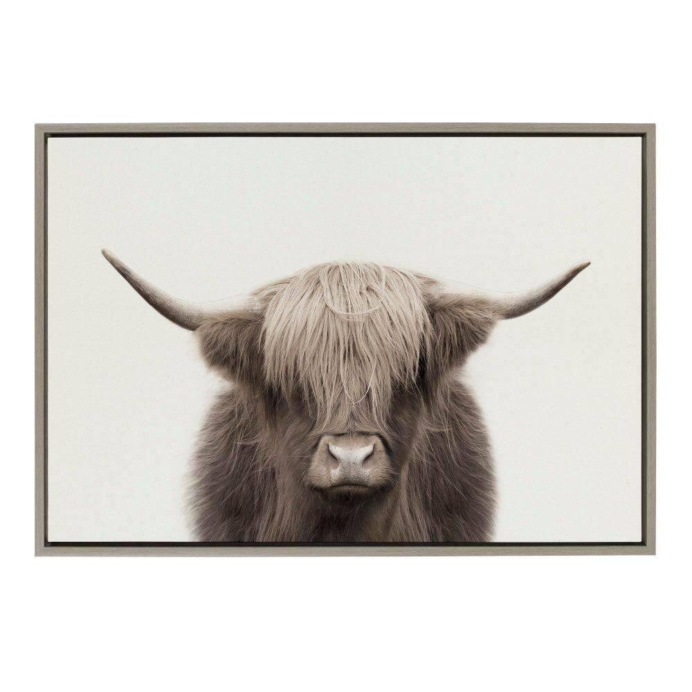 Kate and Laurel Sylvie Hey Dude Highland Cow Color Framed Canvas by The Creative Bunch Studio, 23x33, Gray
