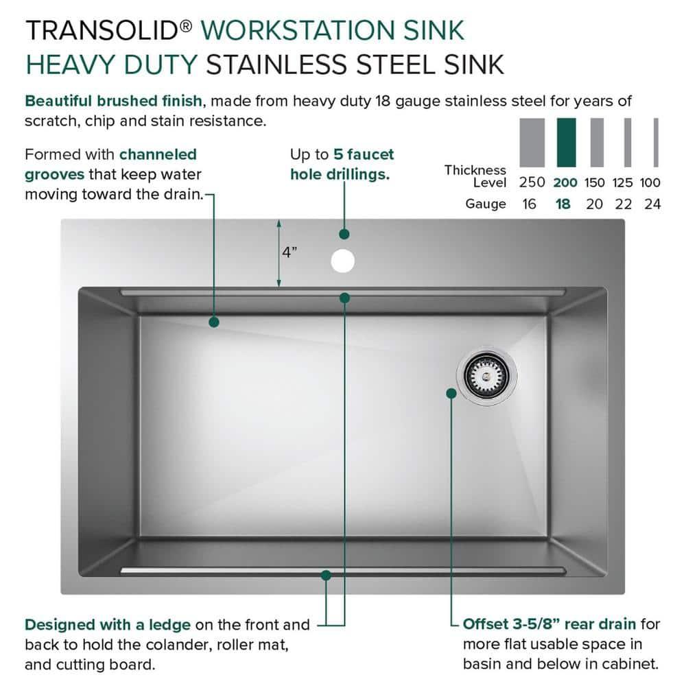 Transolid 32-in X 22-in 18-Gauge Drop-in Stainless Steel Kitchen Workstation Sink