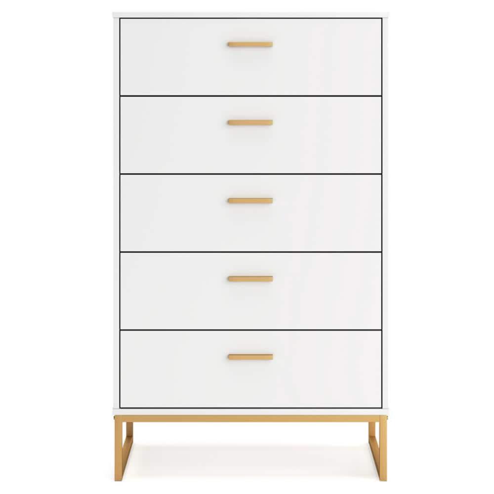 Signature Design by Ashley Socalle 5 Drawer Tall Dresser, White/Gold