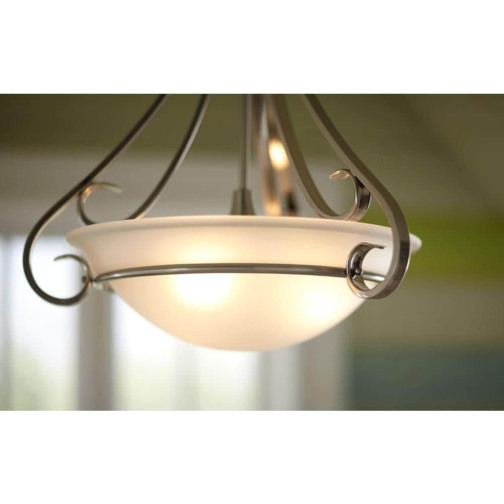 Progress Lighting Torino 3-Light Inverted Pendant, Brushed Nickel, Etched White Glass Bowl, Porcelain Material