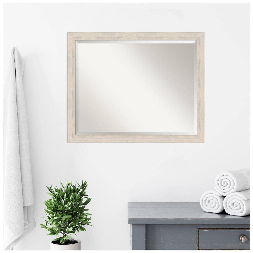 Amanti Art Beveled Wood Bathroom Wall Mirror - Hardwood Whitewash Narrow Frame - Hardwood White Wash Narrow Outer Size: 31 x 25 in
