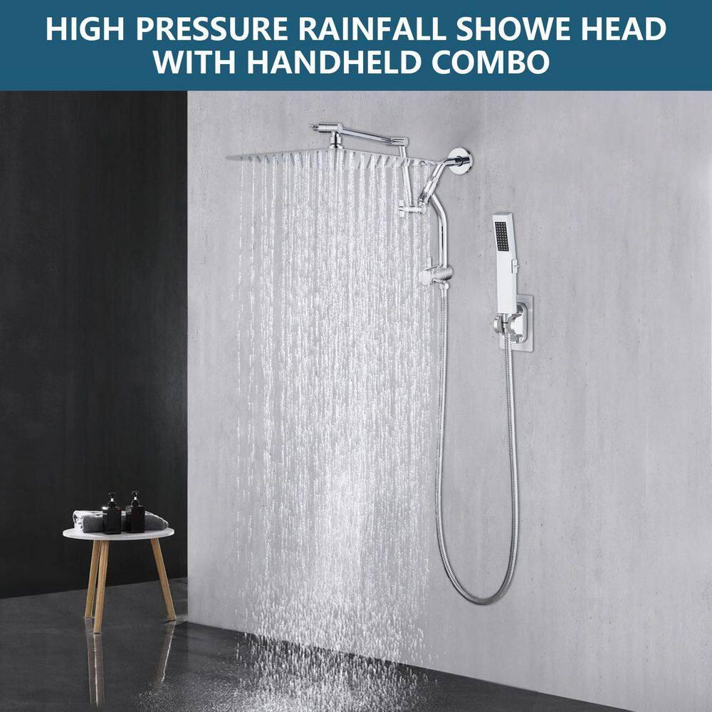 PDPBath All Metal 12'' Rainfall Shower Head with Handheld Combo, Upgrade 3-Way Diverter with Pause Setting, High Pressure Rain Shower Head with Z-shaped Extension Arm, 59" Hose, Brushed Nickel
