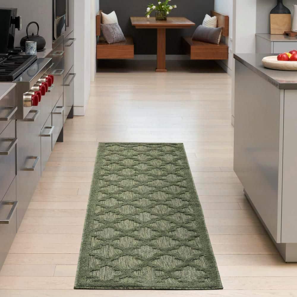 Easy Care Green 2 ft. x 8 ft. Trellis Contemporary Runner Area Rug