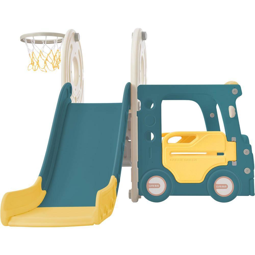 Gzxs Toddler Slide and Swing, Bus Playhouse Freestanding Baby Slide Playset with Basketball Hoop for Indoor Outdoor Backyard Playground (Yellow Bus Slide)