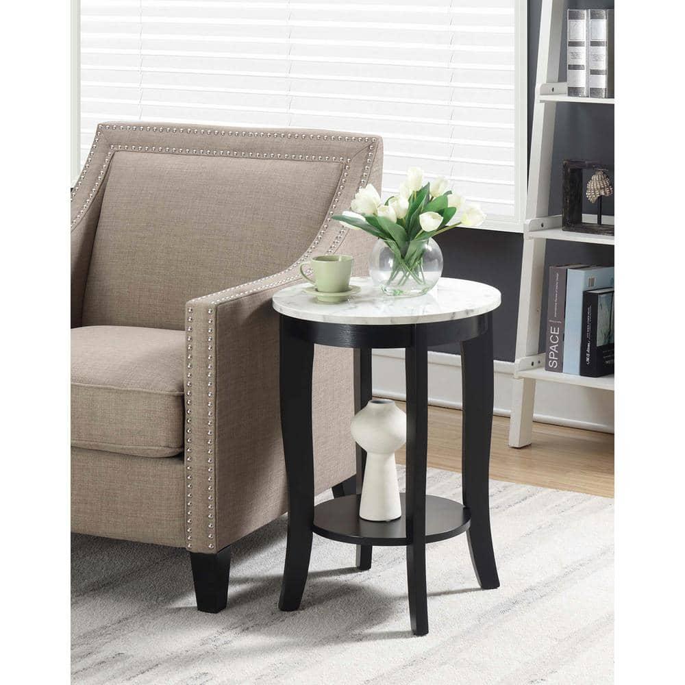 American Heritage Round End Table, White Faux Marble & Black - 24 x 17.75 x 17.75 in.