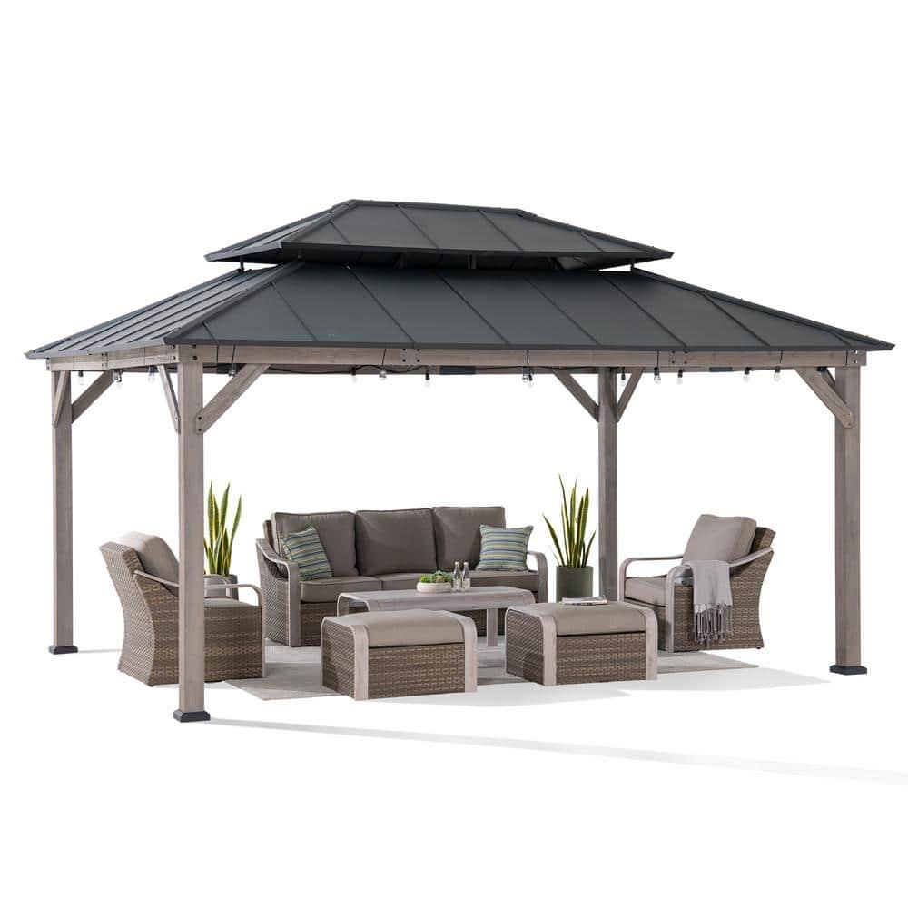 Sunjoy 12x16 ft. Wood Gazebo, Outdoor Patio Steel Hardtop Gazebo, Cedar Framed Wooden Gazebo with 2-tier Metal Roof