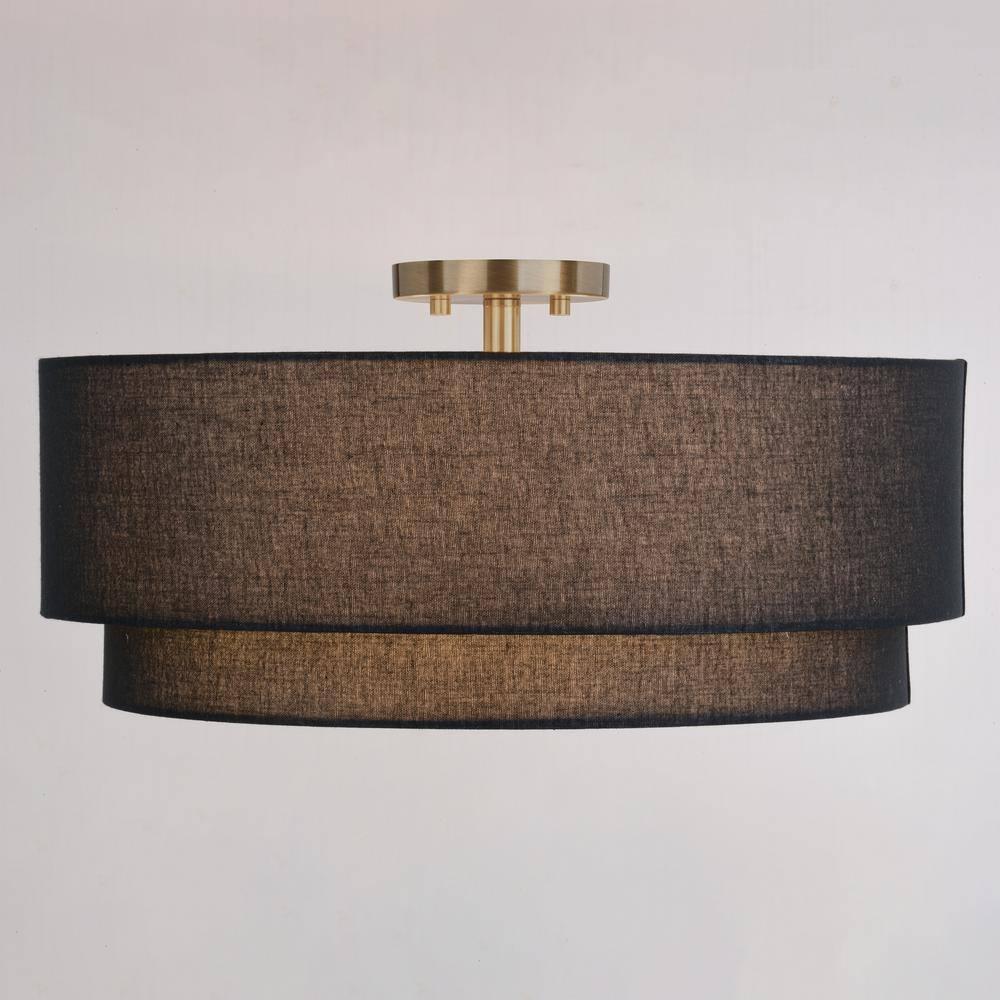 VAXCEL Burnaby Mid-Century Modern Semi Flush Mount Ceiling Light White Linen Drum Shade, Matte Brass, 20.5 inch
