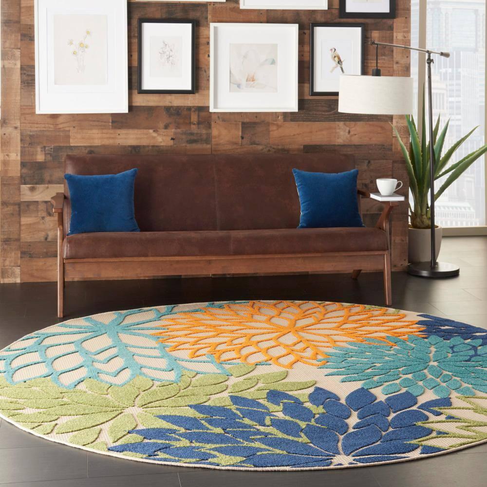 Nourison Aloha Floral Bloom Flatweave High-Low Indoor Outdoor Round Rug Multicolor 7'10" x 7'10"