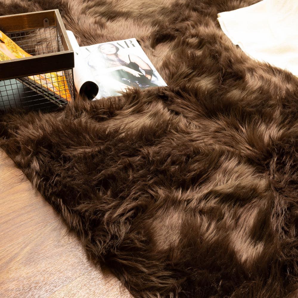 Diller Dark Brown Faux Fur Machine Washable Shag Fluffy Area Rug