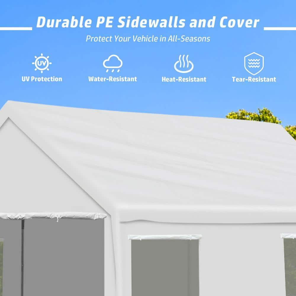 Aoodor 20 x 10 FT. Vehicle Carport Canopy Portable Garage Party Canopy Tent Boat Shelter, Heavy Duty Metal Frame with Removable Rool-up Sidewalls and Doors, White