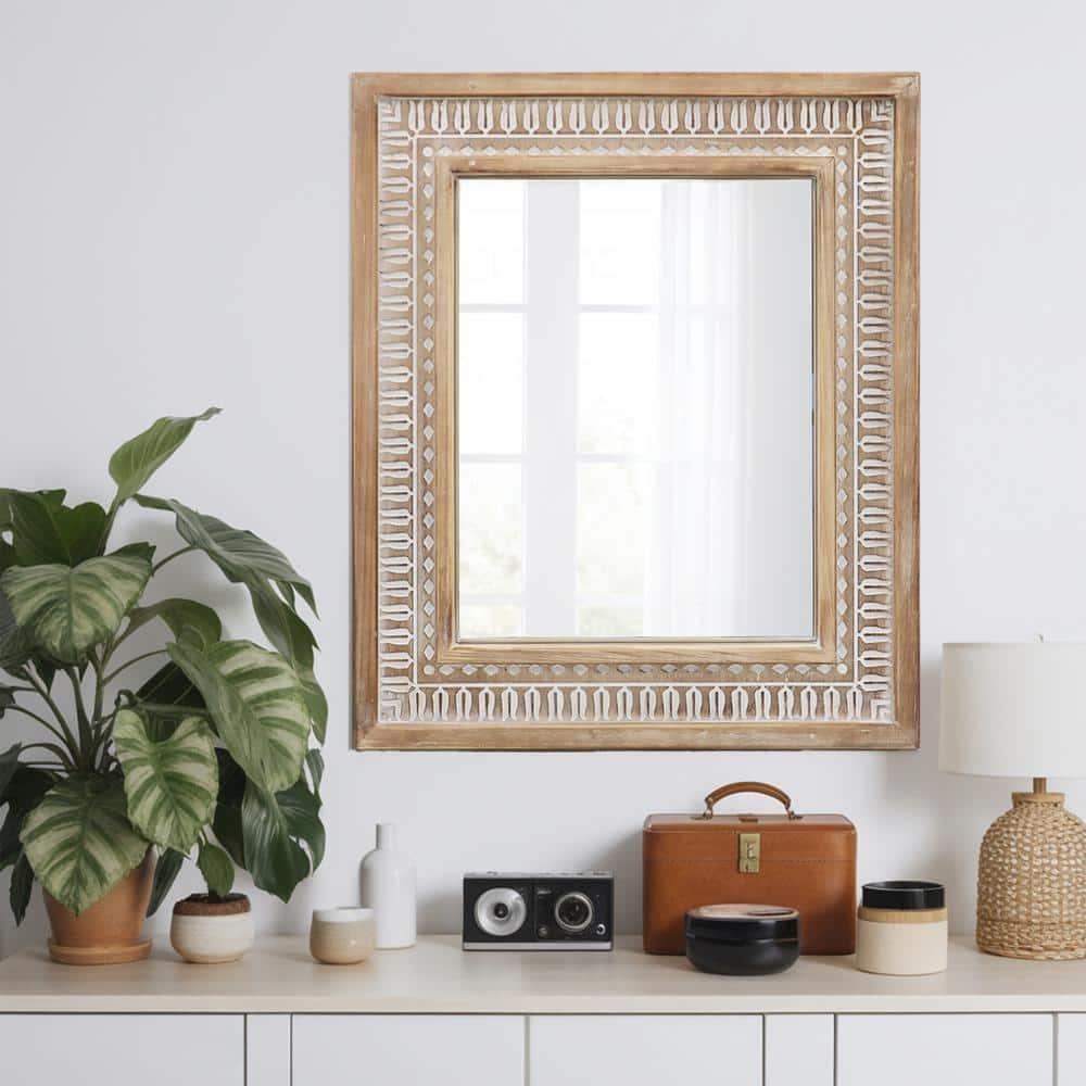 Parisloft Rectangular Carved Wood Wall Mirror - 20 x 23.6 Inches, Farmhouse Wood Mirror for Bathroom, Living Room or Bedroom, Rustic Brown and White