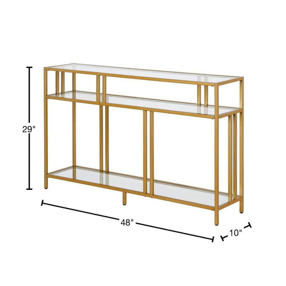 Evelyn&Zoe Cortland 48" Wide Rectangular Console Table with Glass Shelves, Brass